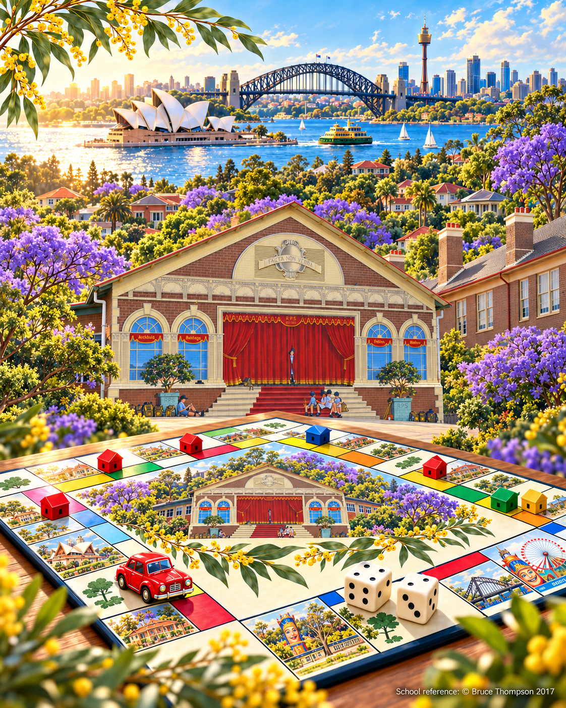 Illustrated Sydney Harbour Bridge and Opera House above Roseville Public School's distinctive gable and red theatre mural, with the game board, colourful houses, dice and red car in the foreground.